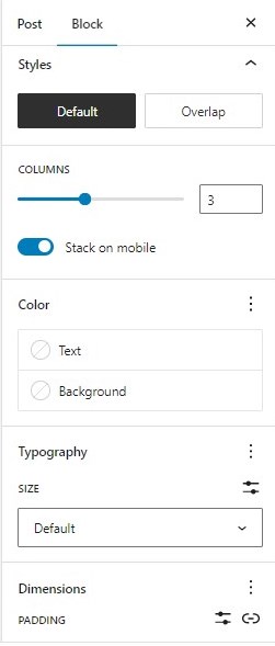 Settings of a Columns WordPress Gutenberg block in a post on how to create tables in WordPress.