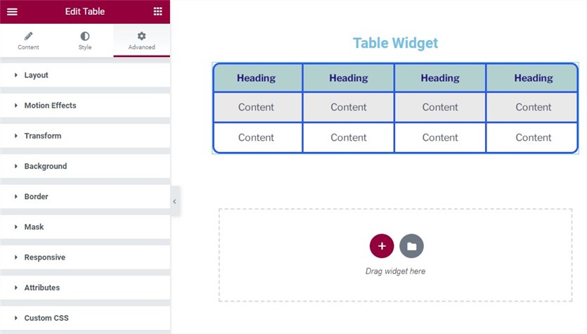 Advanced settings to set up an Elementor table by Stratum.