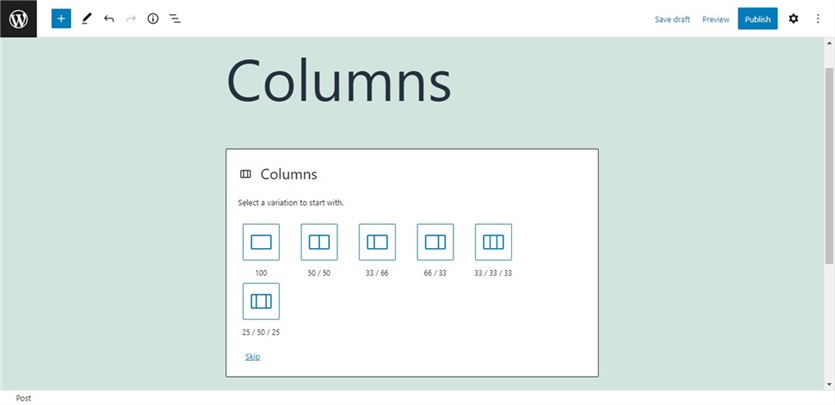 Six predefined layouts for the Columns block on the blue background.