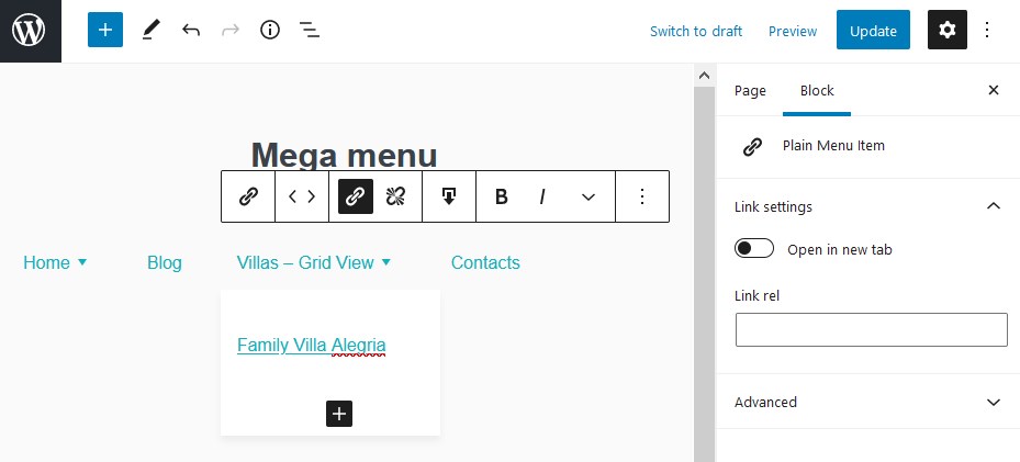 plain menu item wordpress navigation block