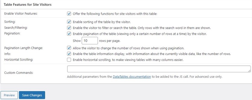 Table Features for site visitors section to create tables in the TablePress WordPress plugin.