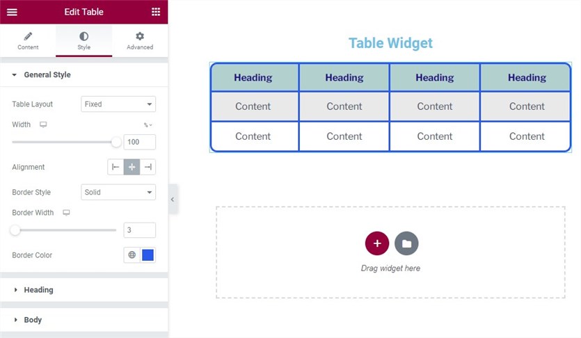 Style options for the Elementor table with a blue distinguished heading.