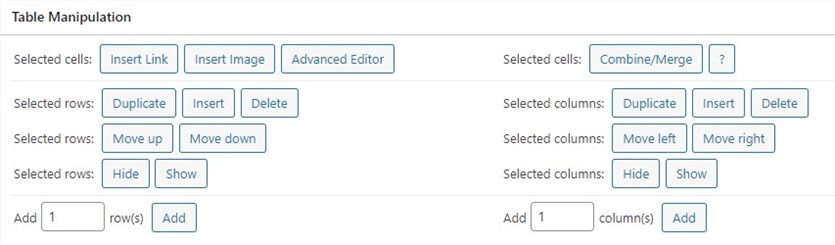 Table manipulation options section in the TablePress plugin dashboard.