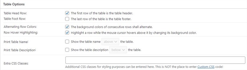 TablePress table options section to create tables in WordPress.