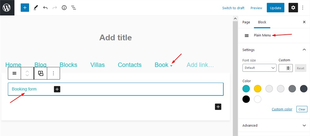 wordpress navigation block plain menu dropdown