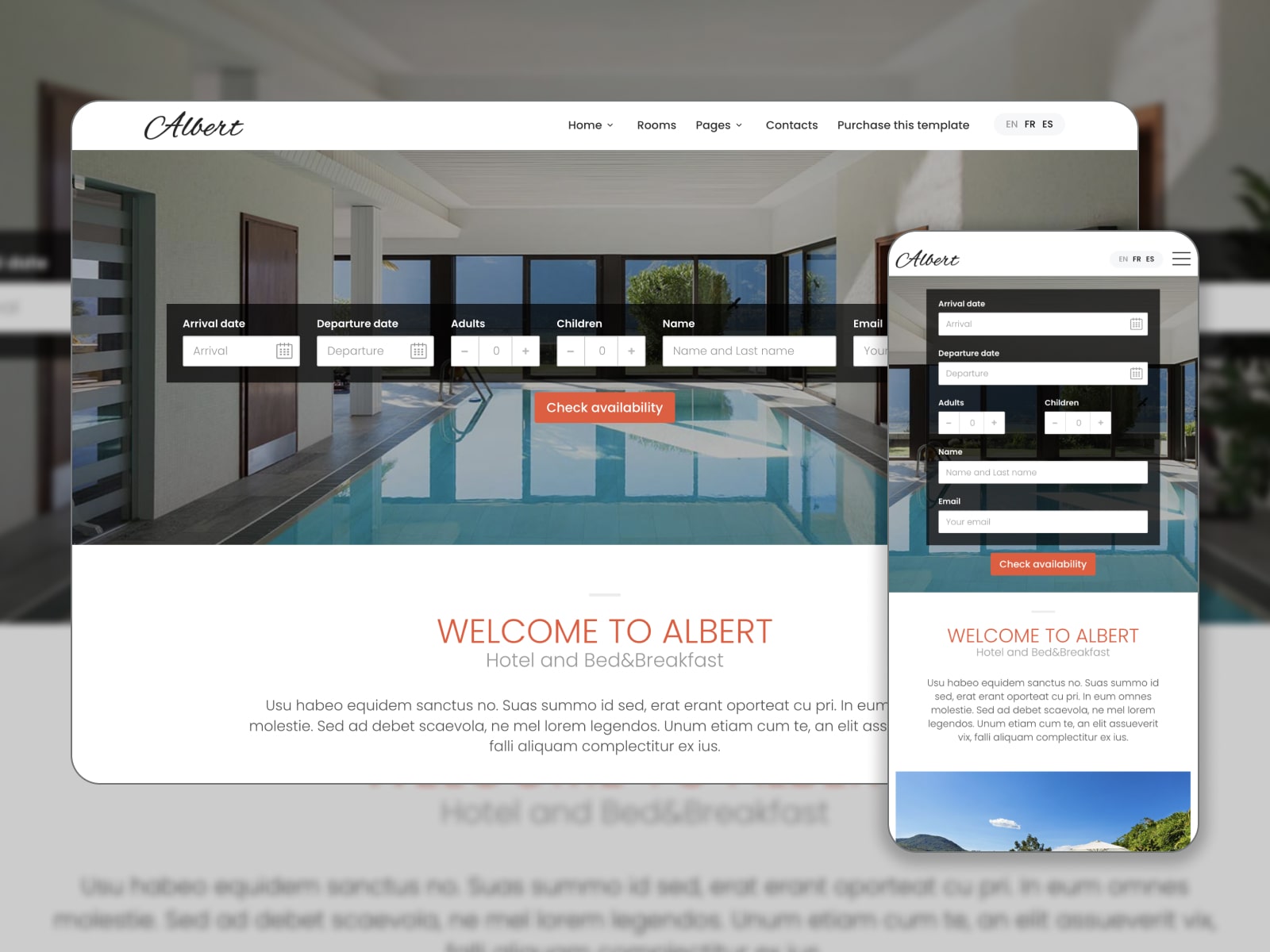 Collage of the Albert hotel and apartment booking HTML template for the best websites in blue and white colors.