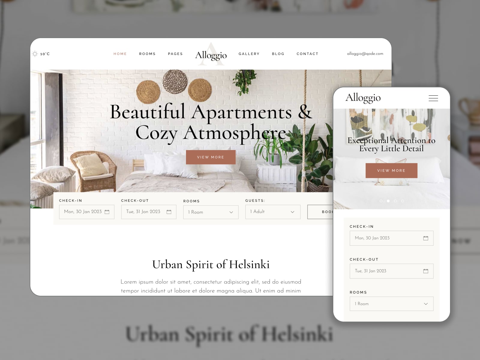 Collage of the Alloggio theme for WordPress apartment booking websites in white, brown and grey colors.