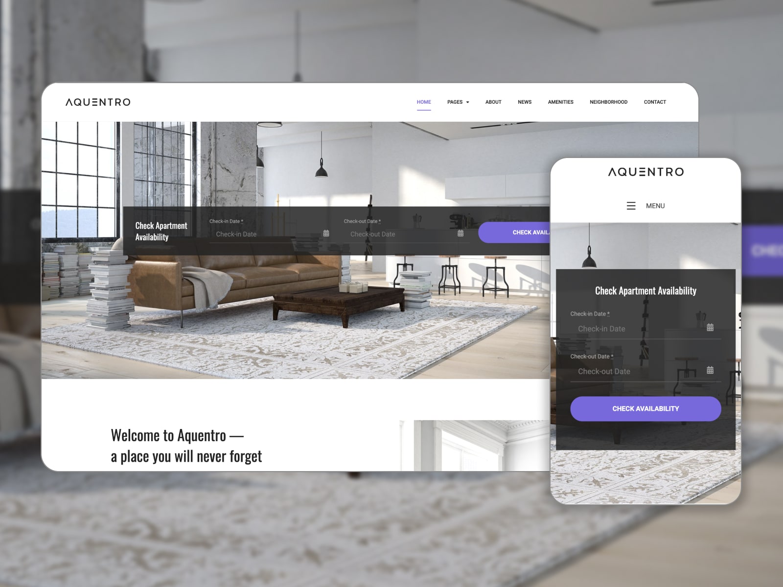 Collage of the Aquentro best WordPress apartment booking themes website in grey, white and violet colors.