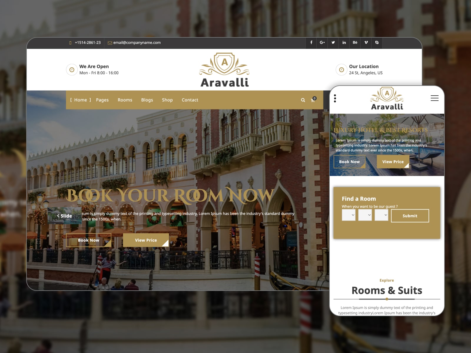 Collage of the Aravalli free theme demo page for WordPress websites in brown and white colors.