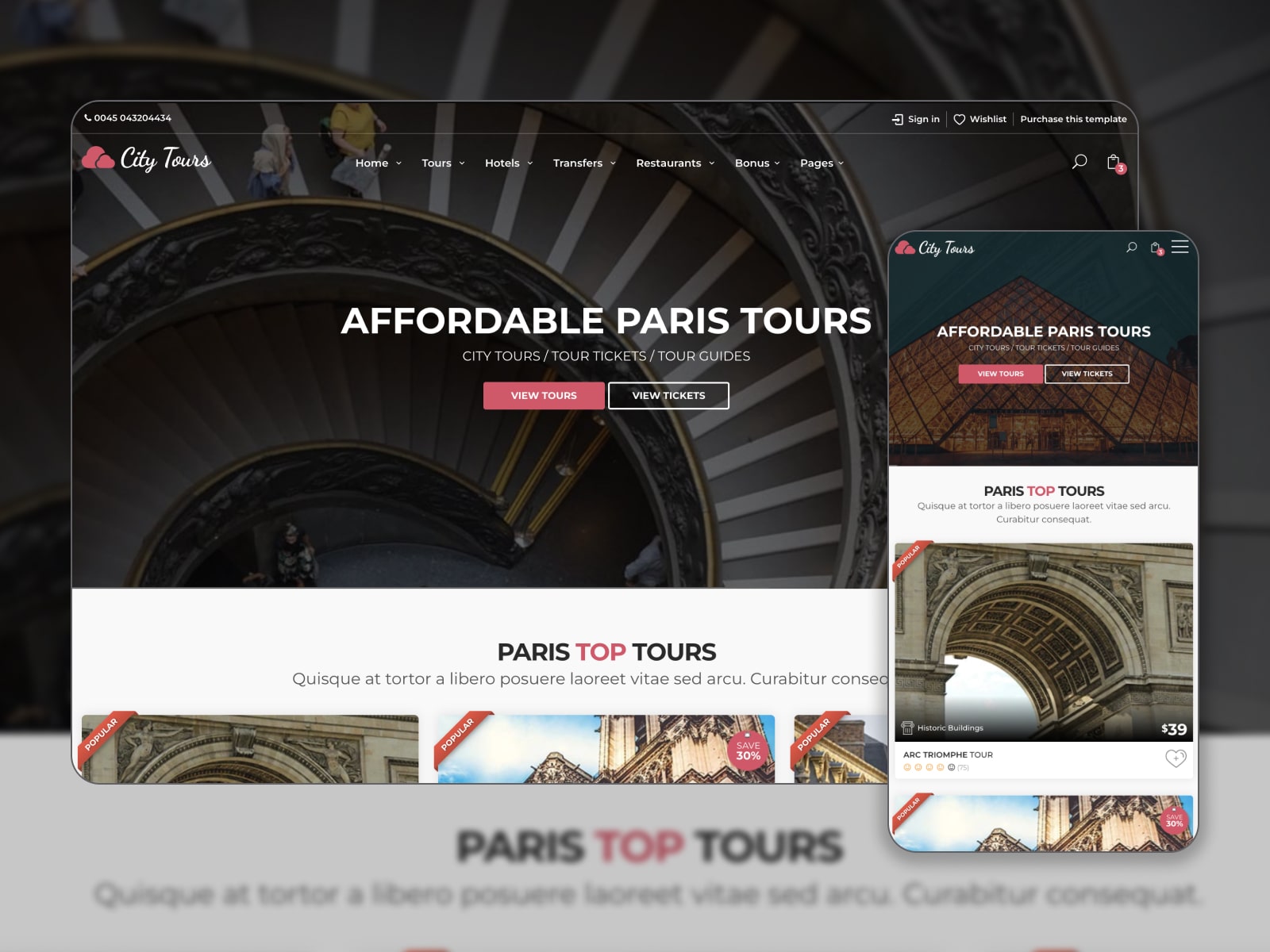 Collage of the CityTours travel and rental HTML template demo site in dark-brown, white and red colors.