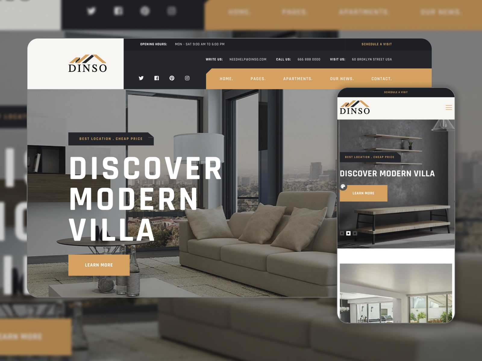 Collage of the Dinso apartment booking theme for the best WordPress sites in grey, brown and white colors.