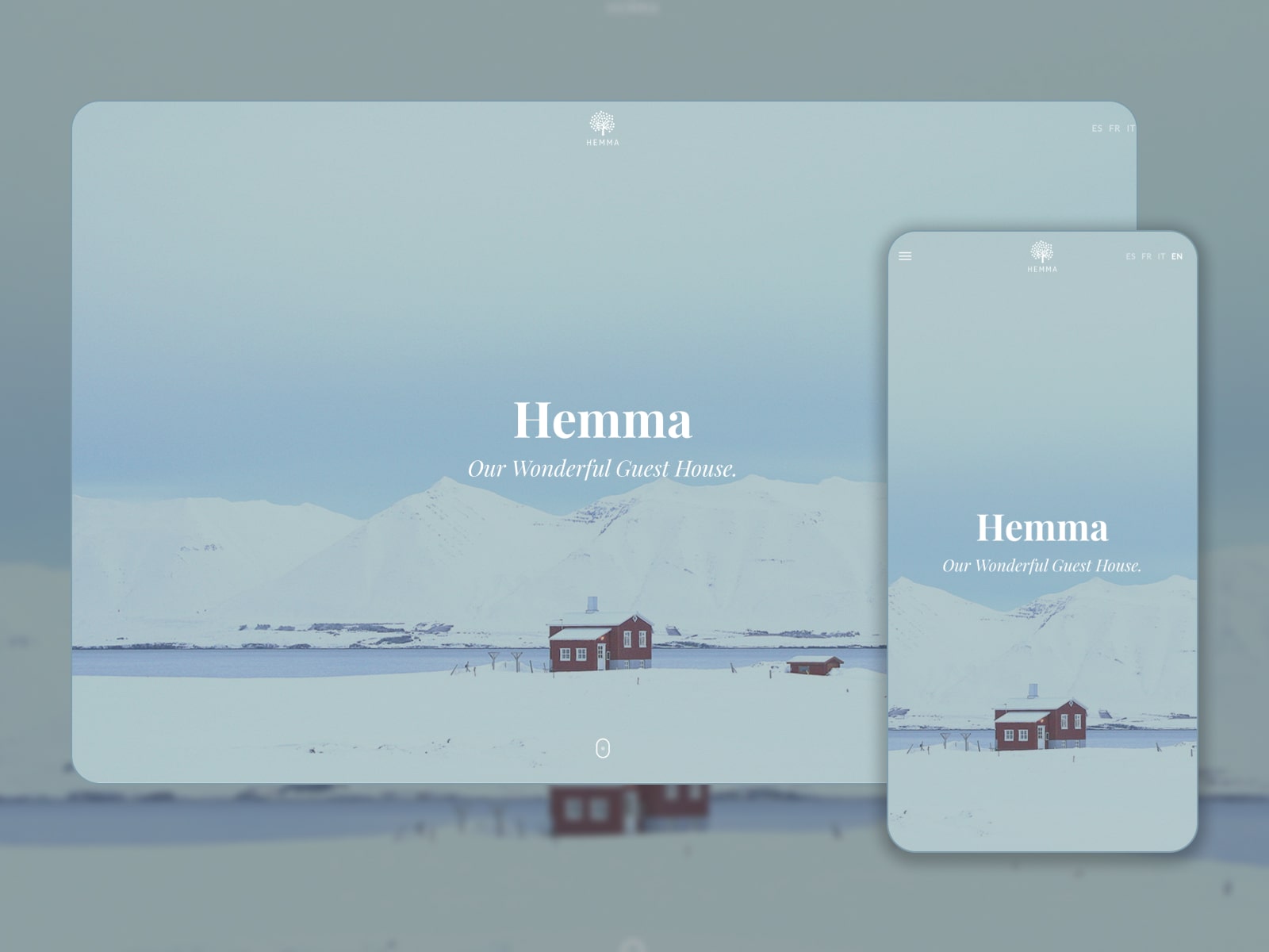 Collage of the Hemma apartment booking themes for the best WordPress websites in blue and white colors.