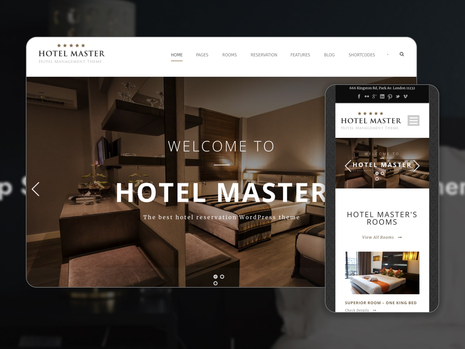 Collage of the Hotel Master WordPress booking theme for websites in brown and white colors.