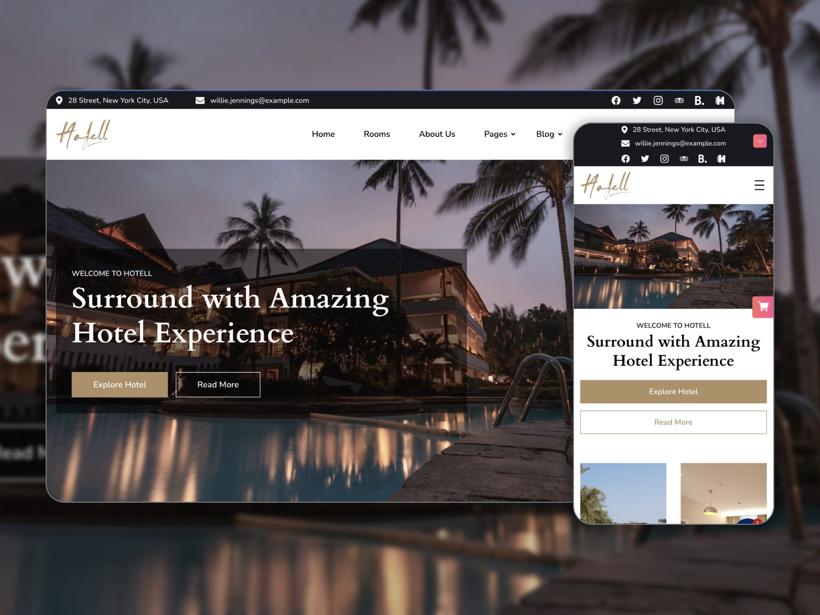 Collage of the Hotell WordPress theme for free best WordPress apartment websites in brown, white and beige colors.