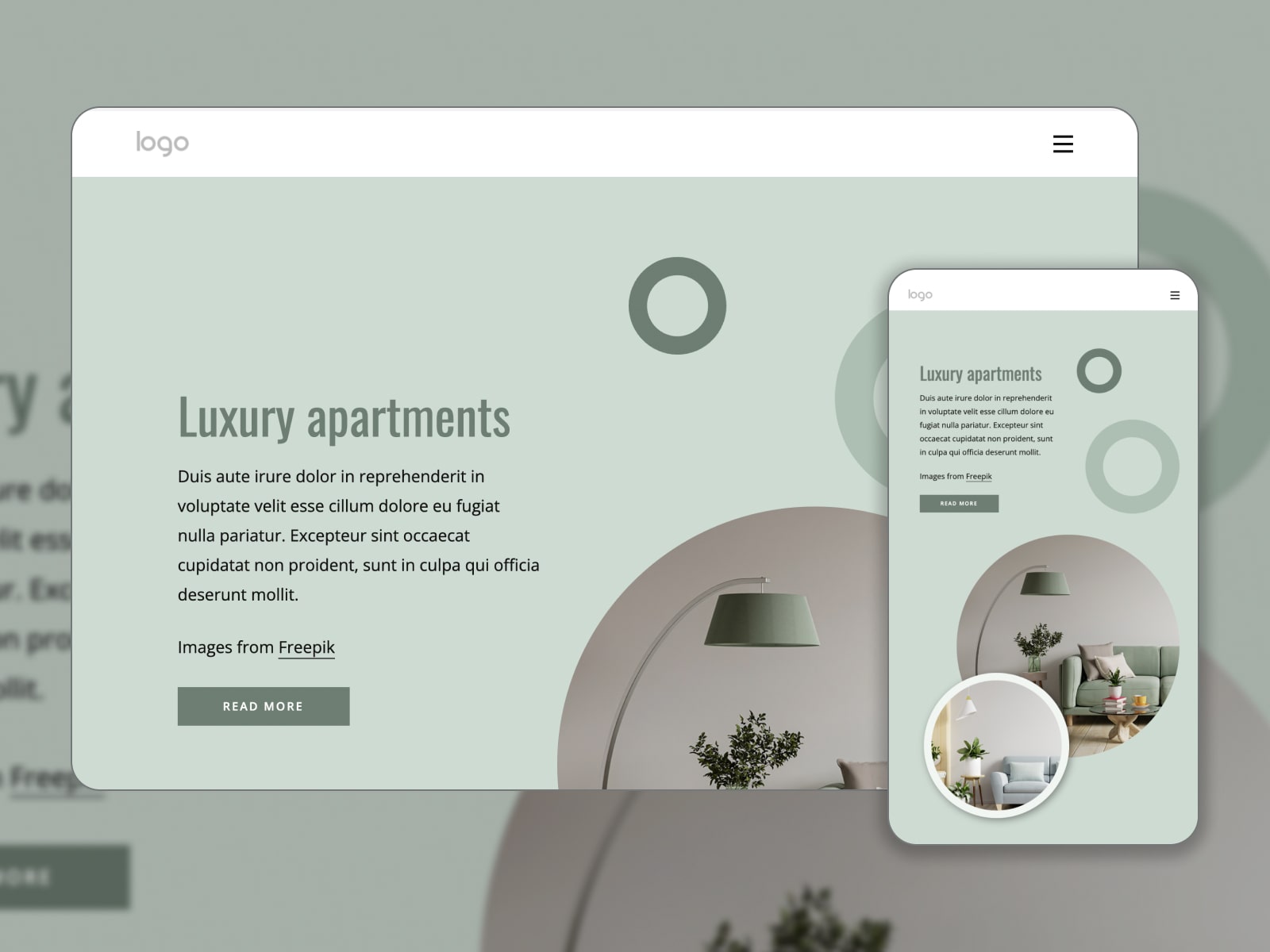 Collage of the Make Your Stay Memorable free HTML apartment booking template for websites in olive, white and grey colors.
