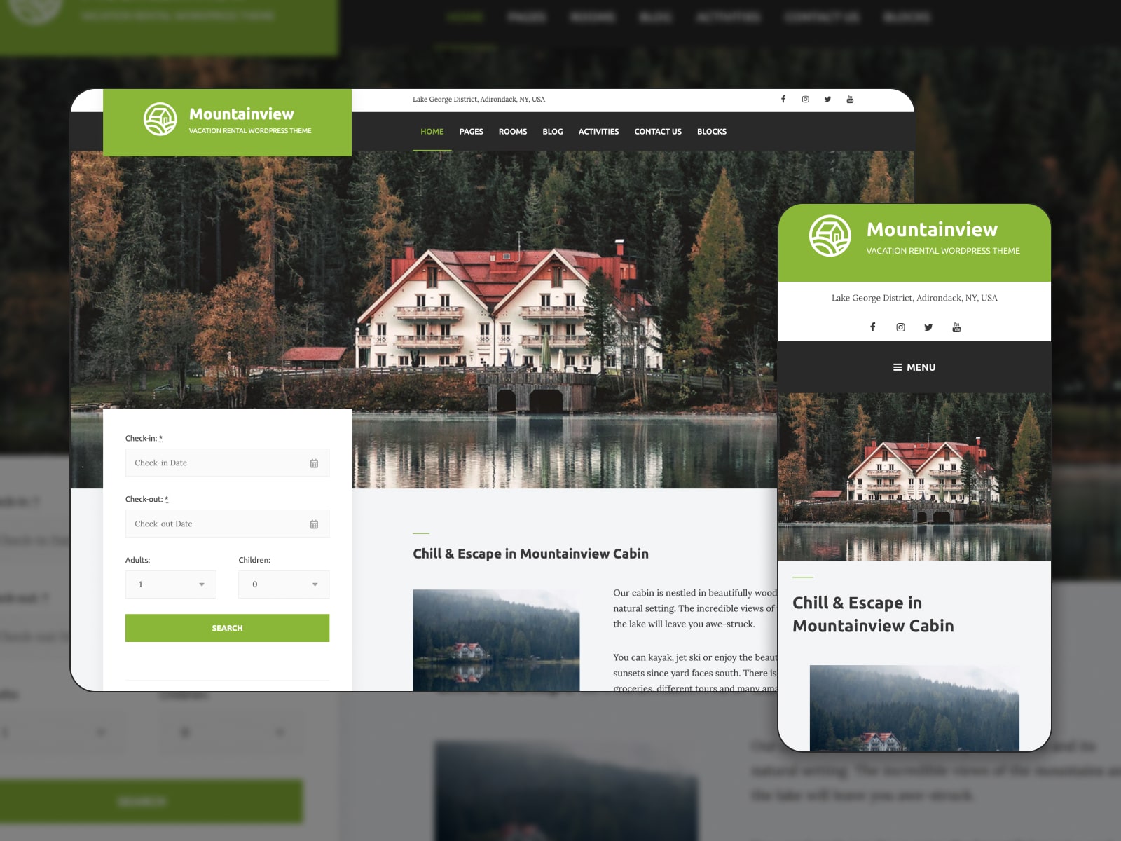 Collage if the Mountainview vacation rental booking theme for WordPress booking websites in green, light-green and white colors.