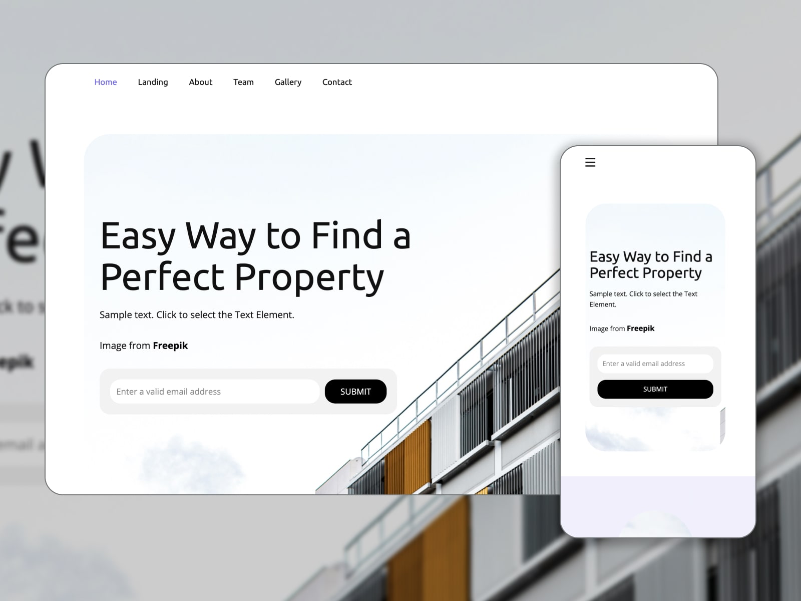 Collage of the Property Management free HTML template for rental property websites in blue and white colors.