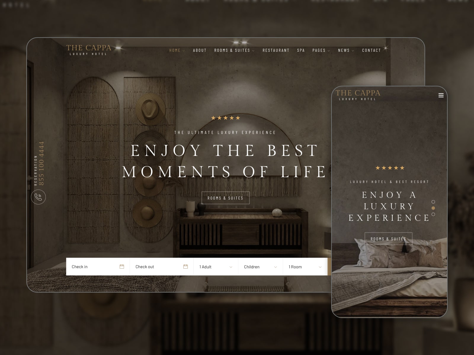 Collage of The Cappa HTML template for the best apartment booking websites in dark-brown and white colors.