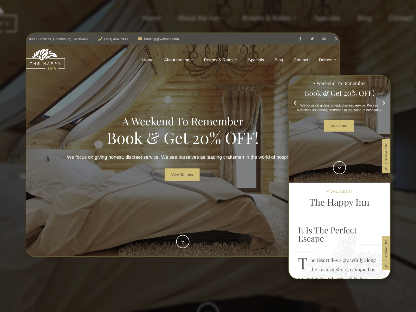 Collage of The Happy Inn apartment WordPress theme for websites in brown, beige and yellow colors.