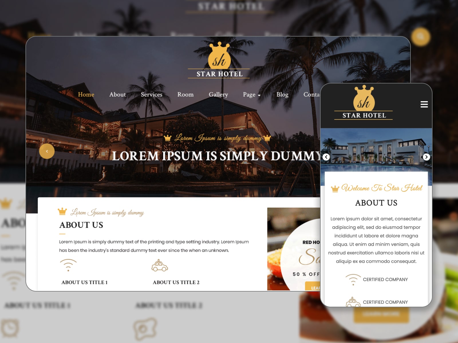 Collage of the free VW Hotel apartment booking themes for WordPress sites in brown, white and yellow colors.