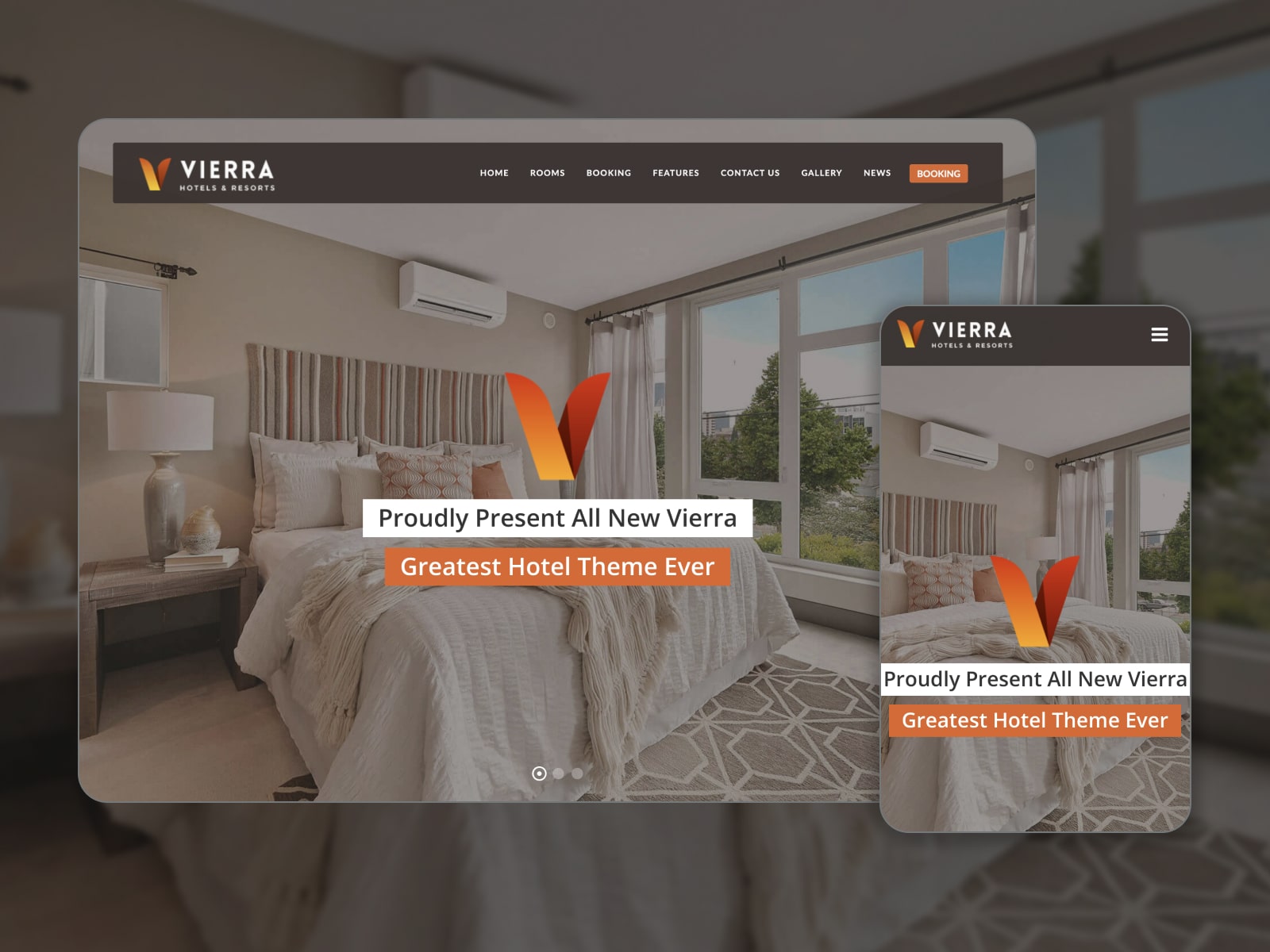 Collage of the Vierra WordPress apartment booking theme demo website in grey, beige and orange colors.