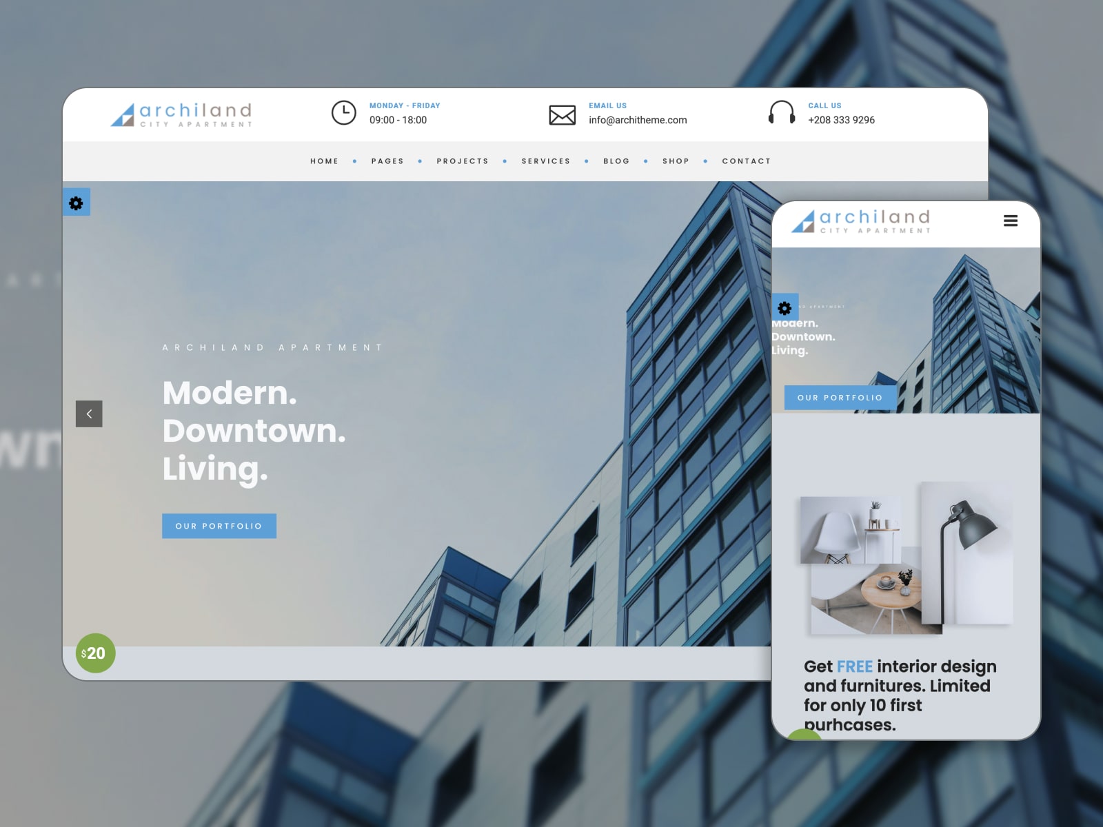 Collage of the Archi premium apartment booking website template in blue, white and grey colors.