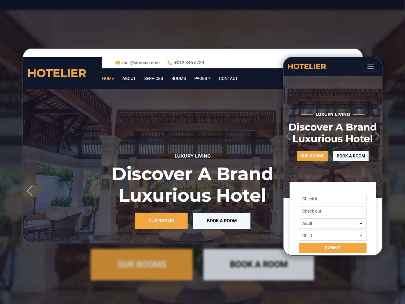Collage of the free Hotelier HTML template for hotel and apartment websites in brown, orange and white colors.
