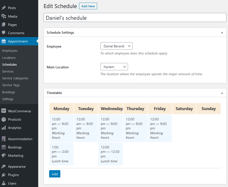 Snapshot of Employee Schedule editing page in the Appointment Booking plugin.