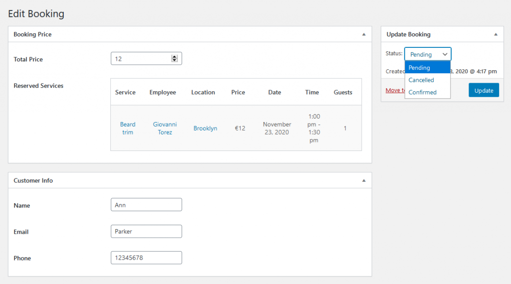 booking details wp appointments plugin