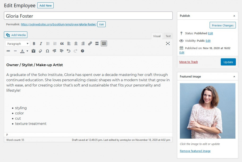 Screenshot of the Employee Profile editing page in the Appointment Booking plugin.