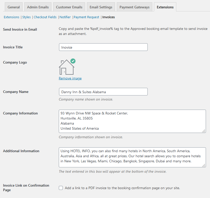 hotel booking pdf invoice addon - admin settings