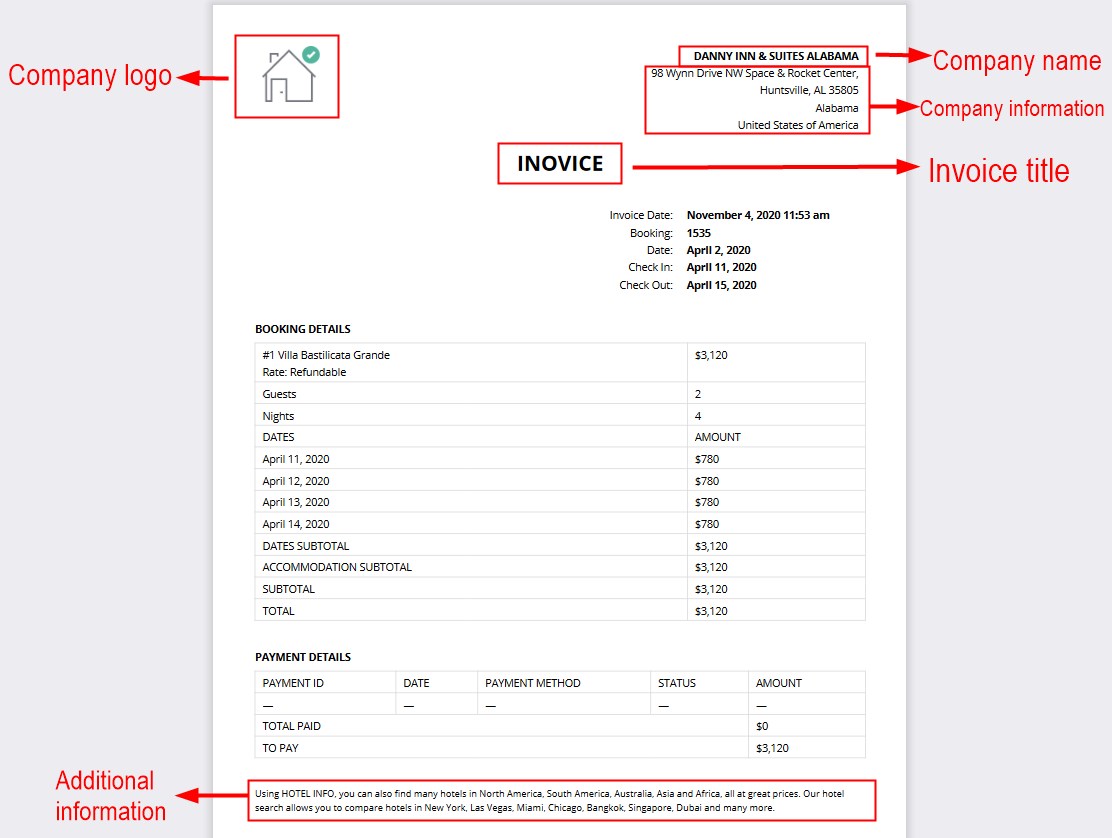 hotel booking pdf invoice explianed