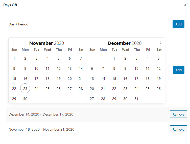 wp booking appointment plugin days off