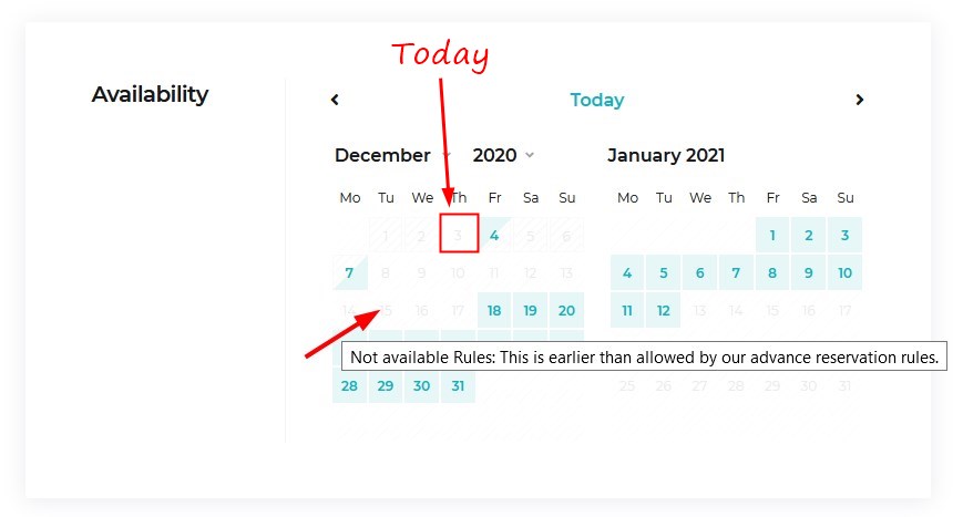 availability calendar - min advanced reservation rules