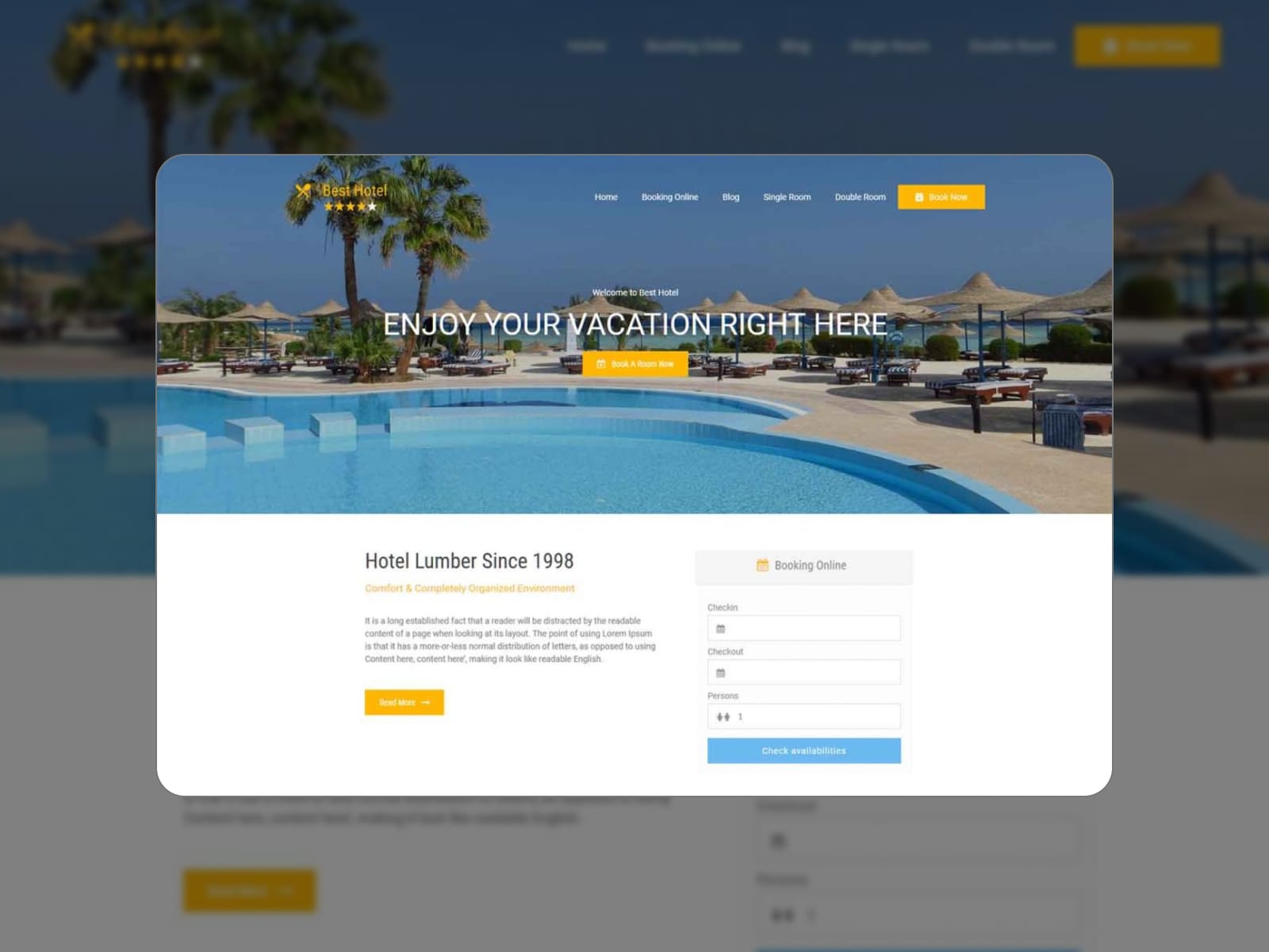 Best Hotel - Screenshot of Elementor templates for hotel and rental properties. Homepage.