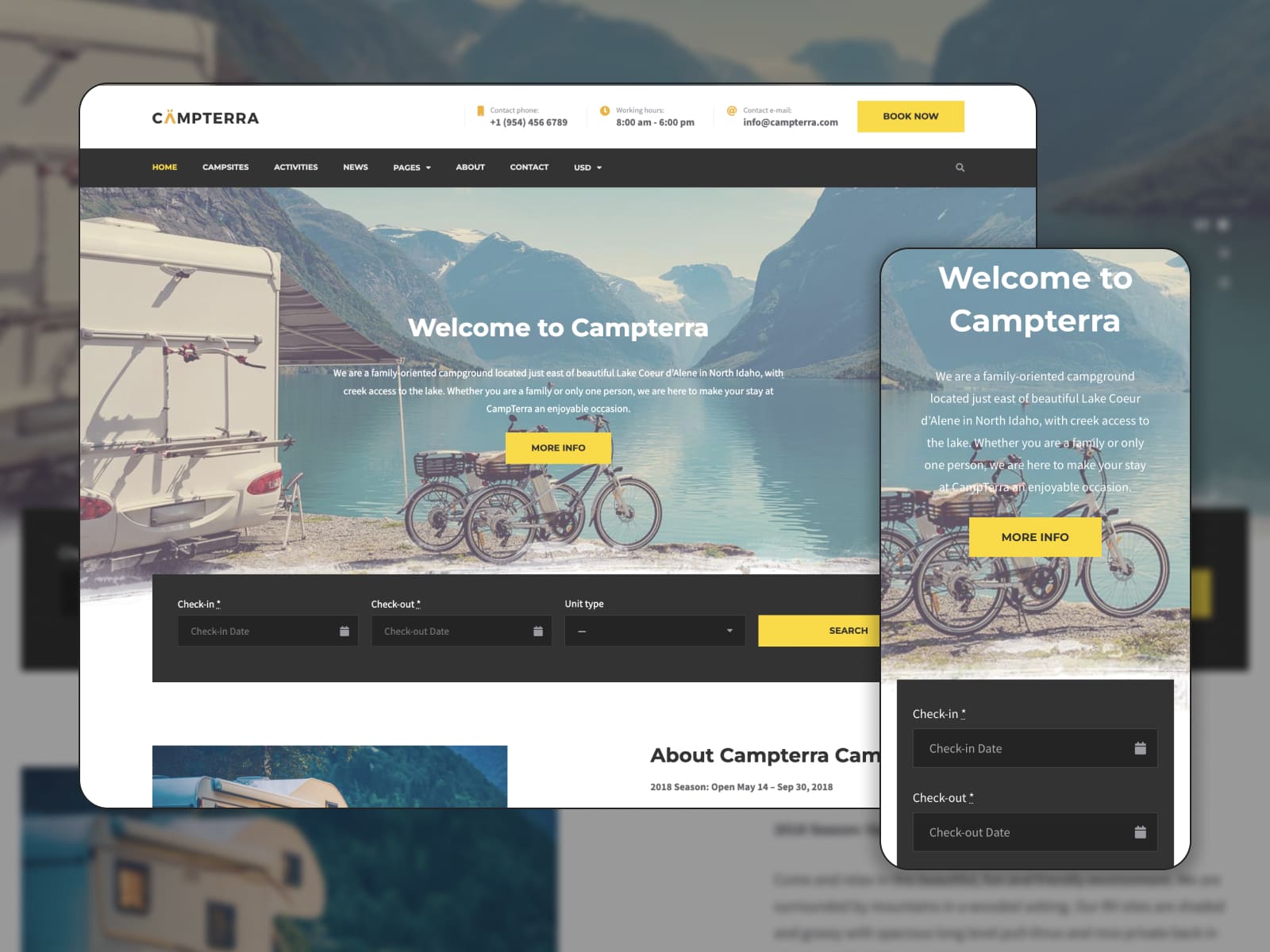 Campterra - Screenshot of WordPress themes for camping websites. Homepage.