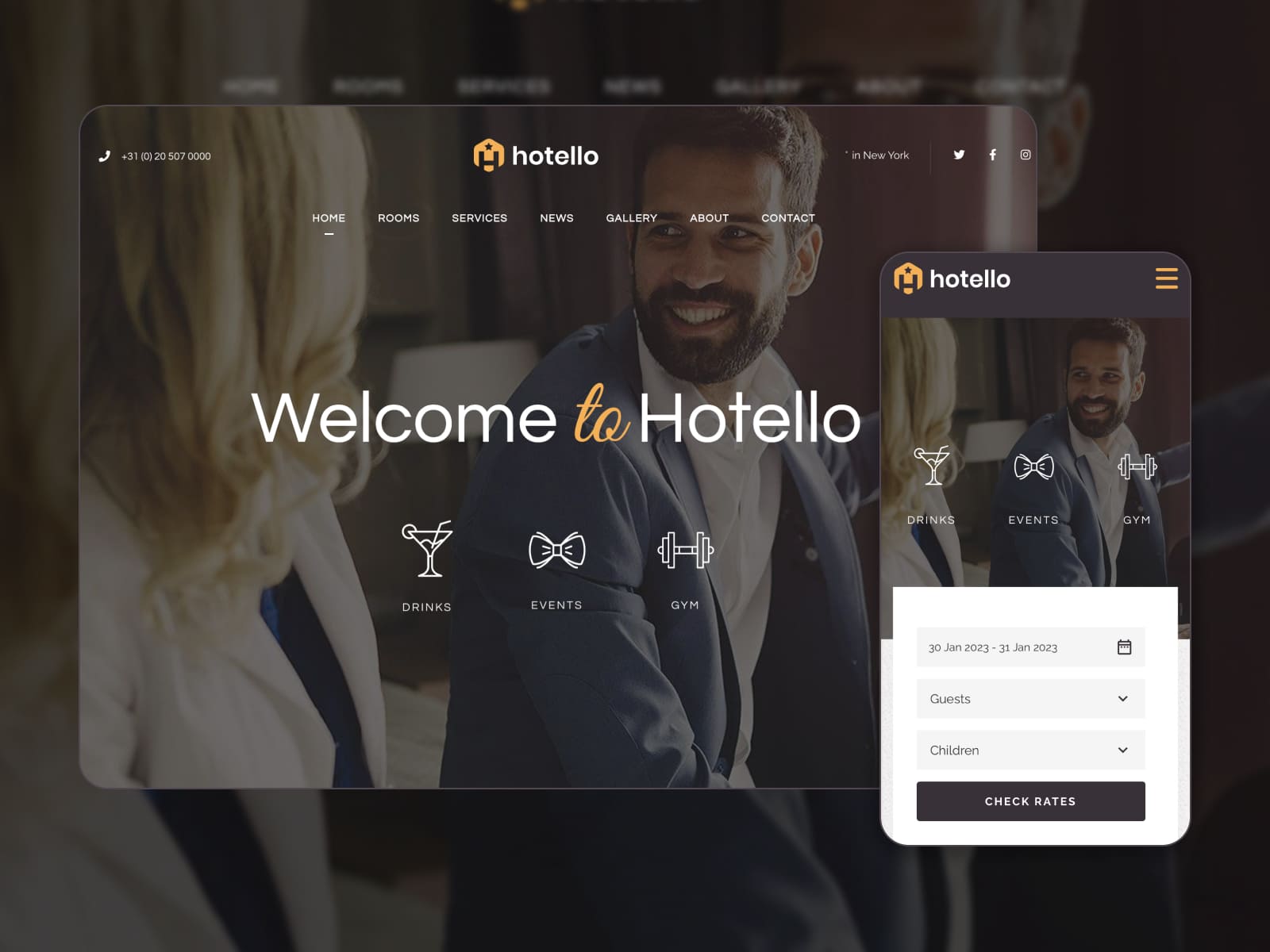 Hotello - Screenshot of WordPress themes for a resort and hotel. Homepage.