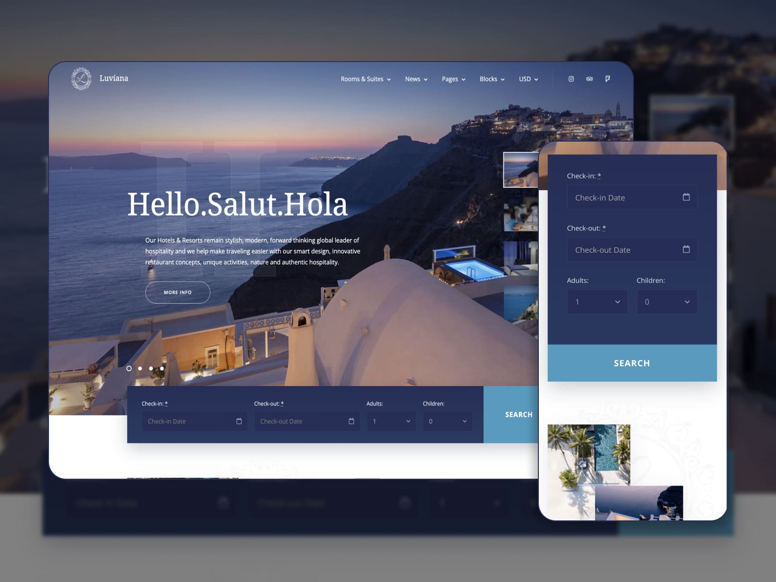 Luviana - Screenshot of WordPress themes for a hotel. Homepage.