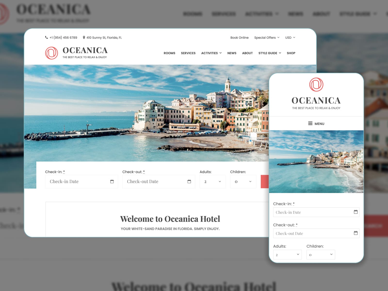 Oceanica - Screenshot of WordPress themes for hotel websites. Homepage.