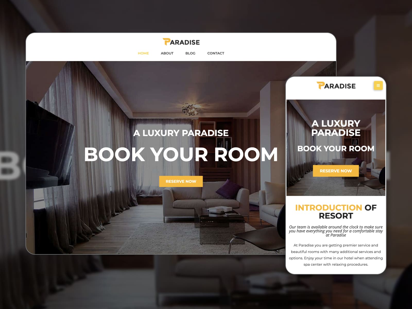 Paradise - Screenshot of Elementor templates for hotel websites. Homepage.
