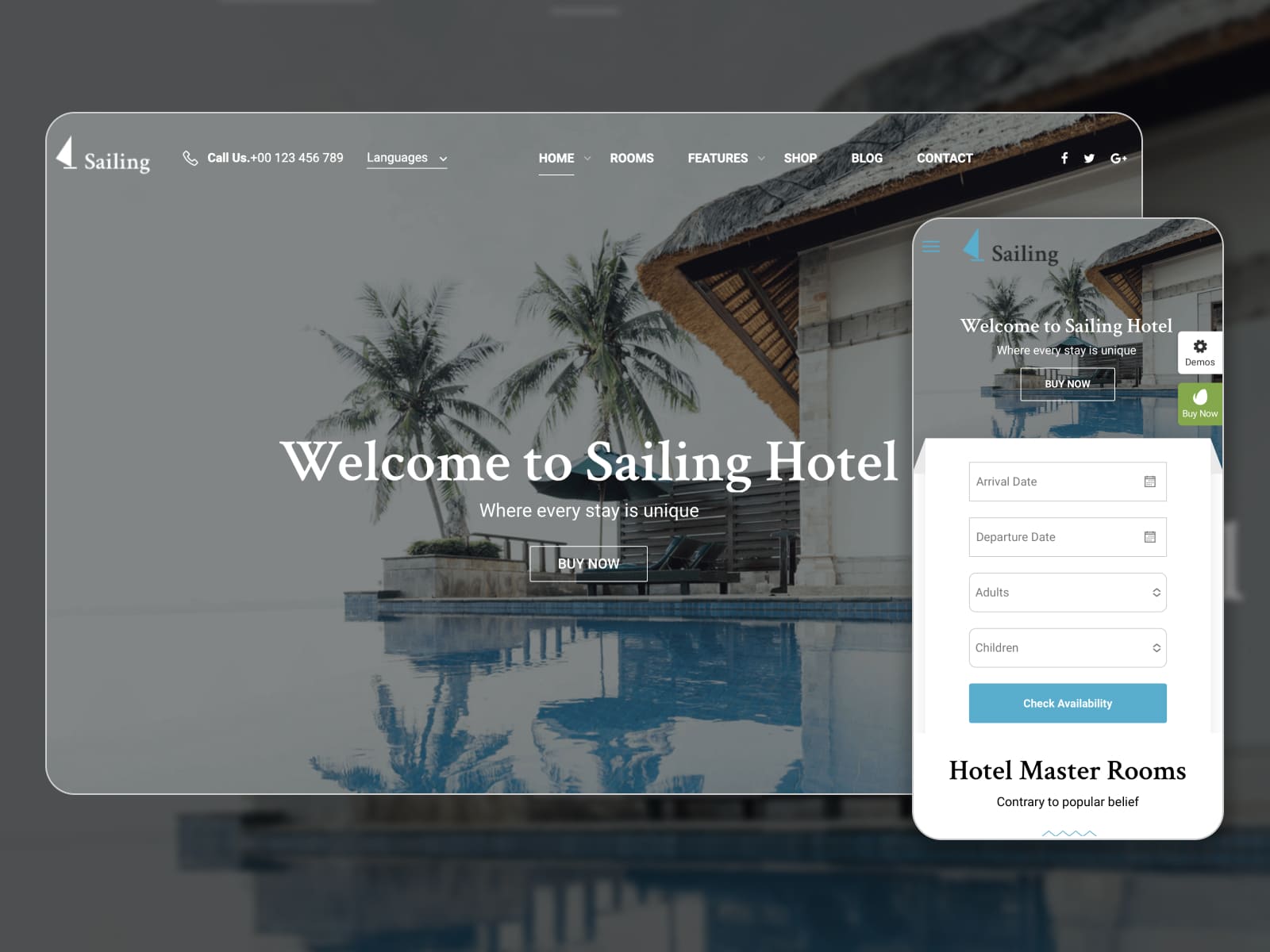 Sailing - Screenshot of WordPress themes for a hotel website. Homepage.