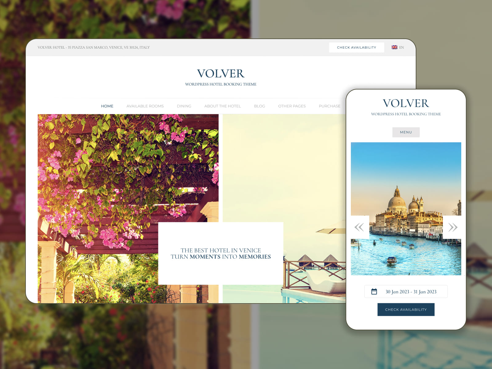 Volver - Screenshot of WordPress themes for rental business sites. Homepage.