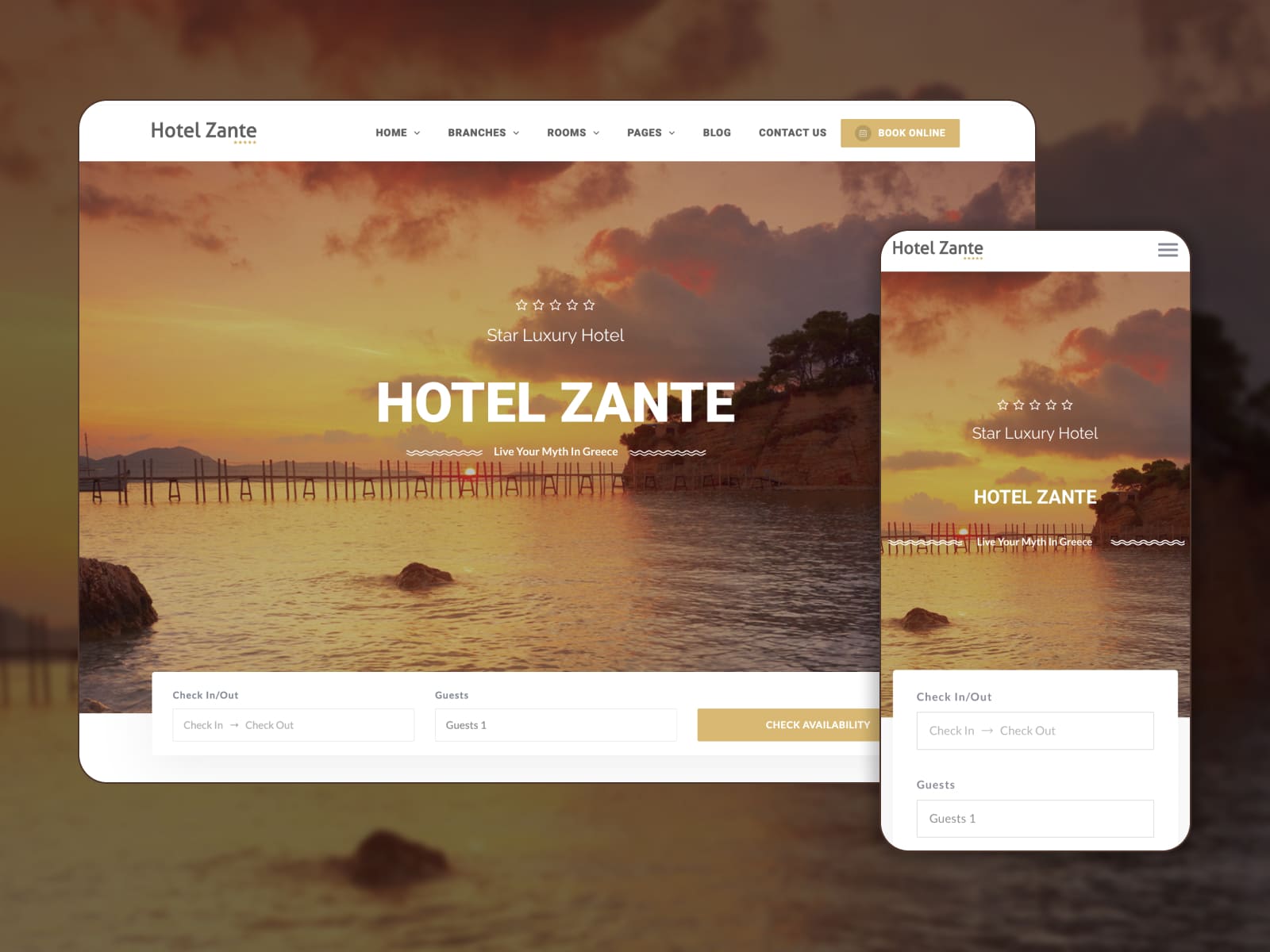 Zante - Screenshot of WordPress themes for a hotel. Homepage.