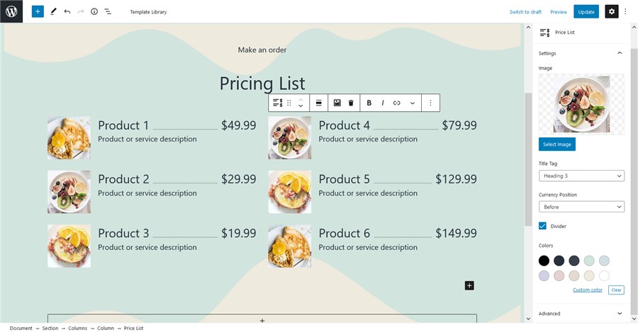 pricing list block wordpress