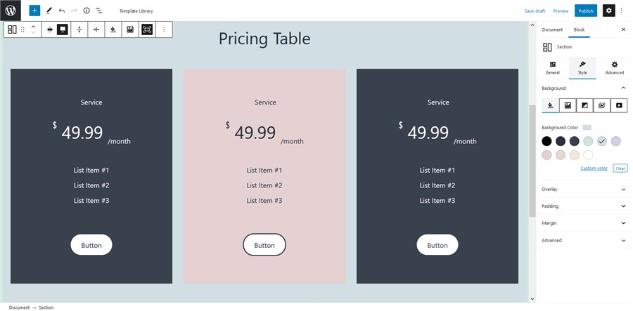 pricing table