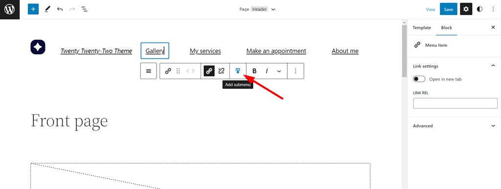 The add submenu feature in the WordPress mega menu block.