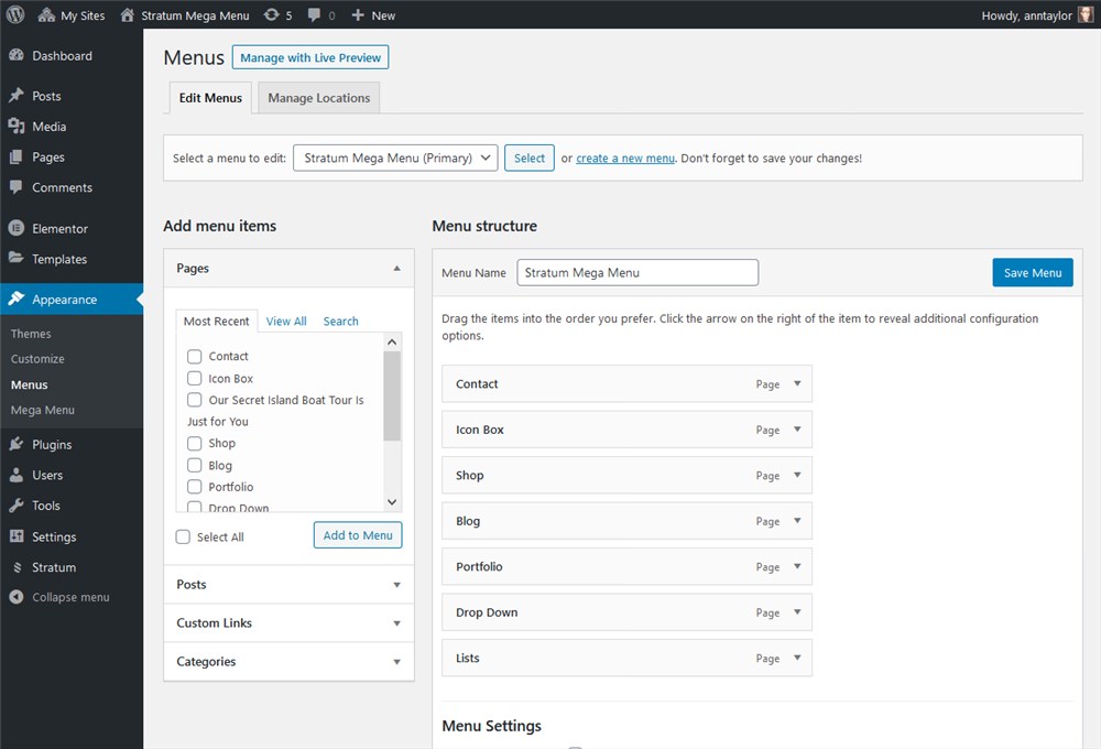 default wordpress menu