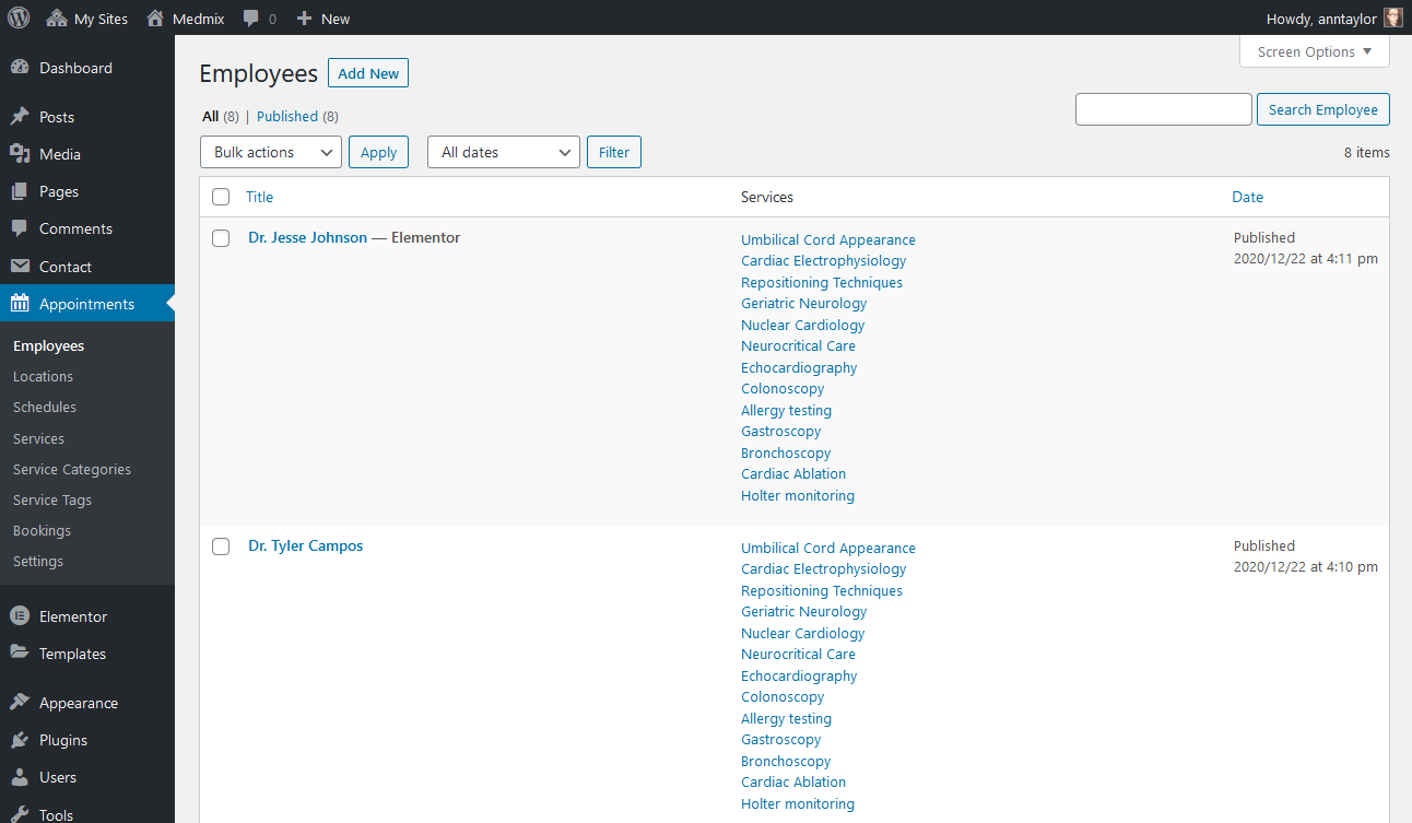 Snapshot of Employees list in the dashboard of the WordPress medical theme.