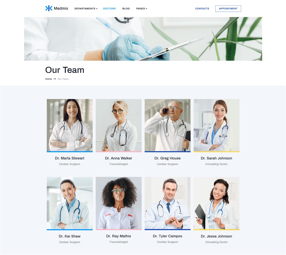 Image of page with the team members for the medical template Medmix. Showcasing the expert level of your doctors increases patient retention rate.