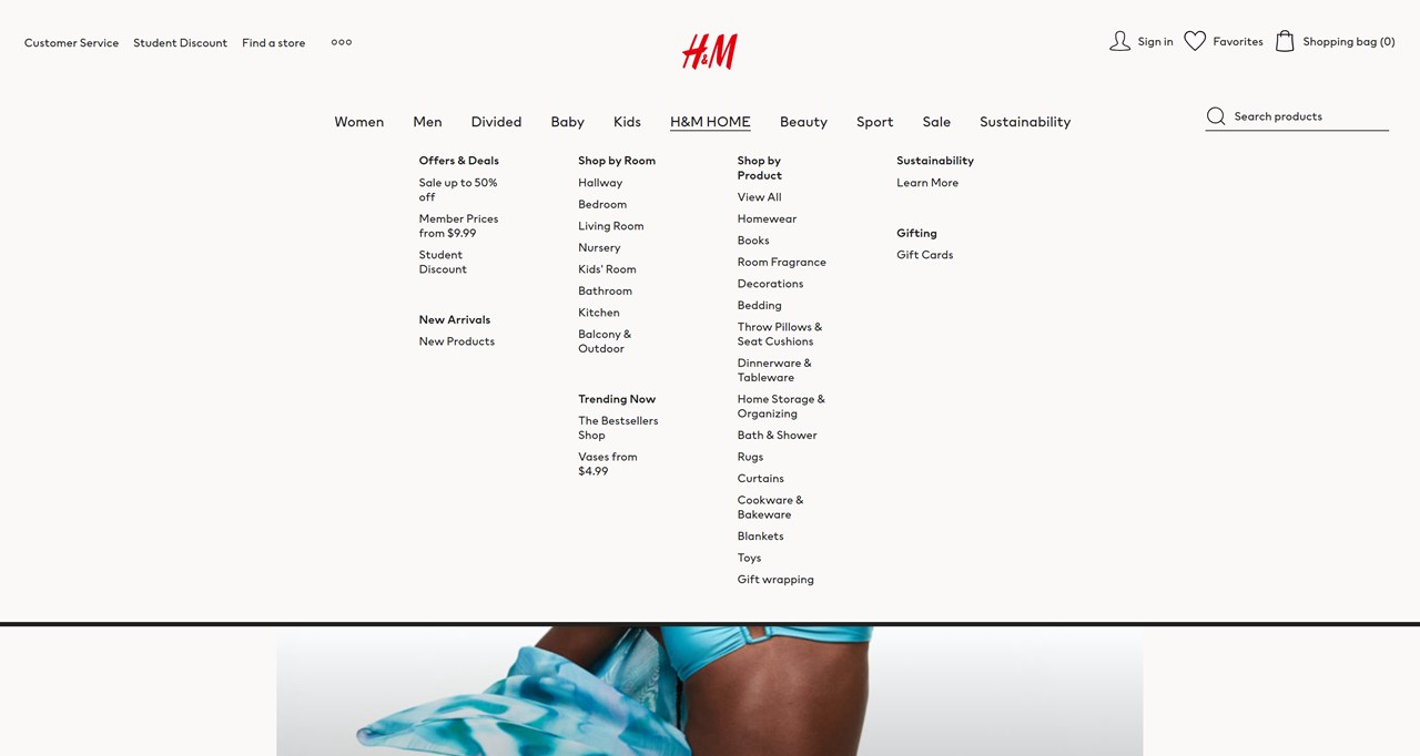 The H&M shop with an opened drop-down mega menu.
